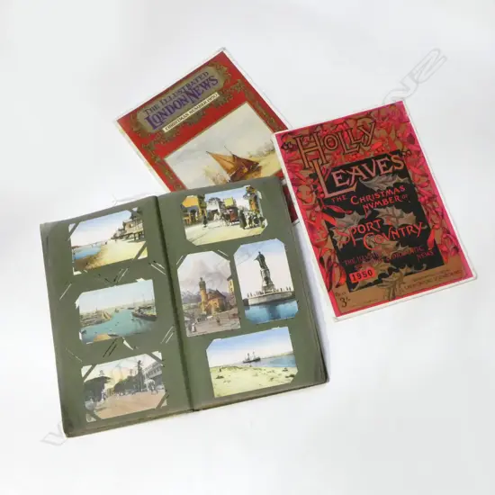 VINTAGE POST CARD ALBUM, LONDON NEWS CHRISTMAS 1950 & HOLLY LEAVES ILLUSTRATED SPORTING & DRAMATIC NEWS etc