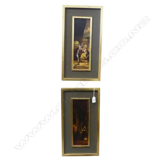 PR OLD DUTCH OIL PAINTINGS ON PORCELAIN PANELS interior scenes 295 x 95mm. Framed. paint loss to 1