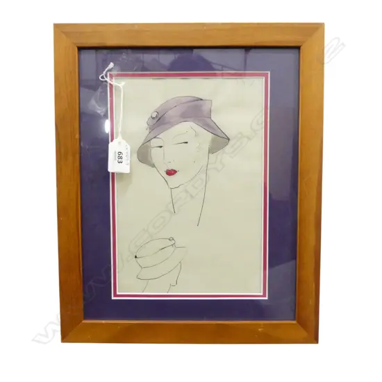 VINTAGE ART DECO FRENCH FASHION DRAWING BY LEO TISSANDIE LARGEST  framed under glass. LEO TISSANDIE 1940's