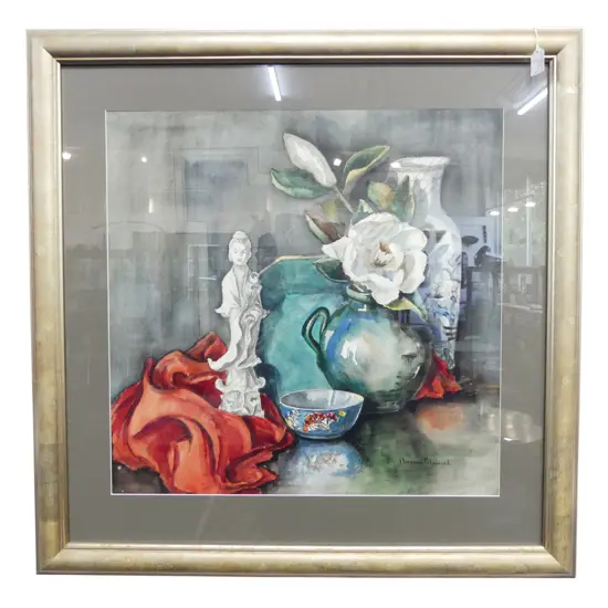 FLORENCE M. LUXFORD, ORIENTAL/FLOWER STILL LIFE W/C, 550x560mm