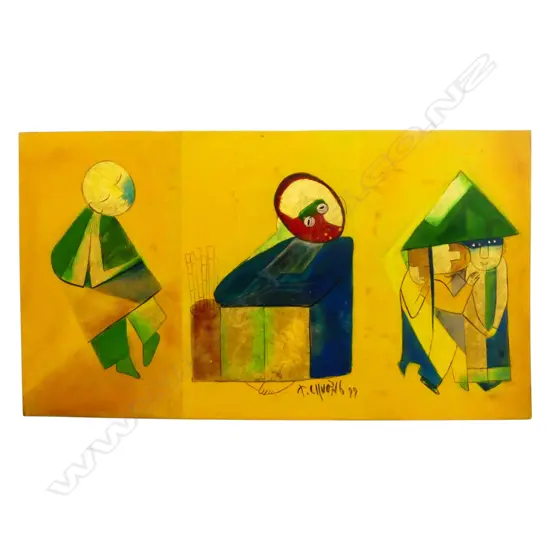 NGUYEN THANH CHUONG (VIETNAMESE b.1949), ABSTRACT, LACQUER & GOLD LEAF ON BOARD, SIGNED & DATED '99, 350x620mm