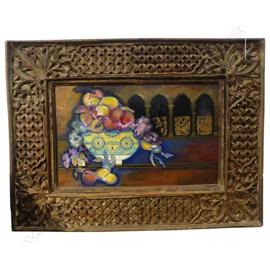 KAREL BURROWS OIL/ACRYLIC ON BOARD WITH MOROCCAN STYLE WINDOW FRAME 460 x 730mm