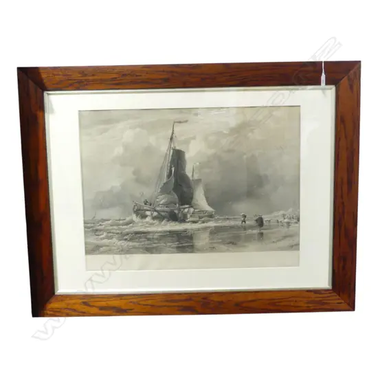 FRAMED ENGRAVING BY ARTHUR WILLMORE AFTER EWARD WILLIAM COOKE, DUTCH TRAWLERS LANDING FISH AT EGMONT N.Z., 490x650mm