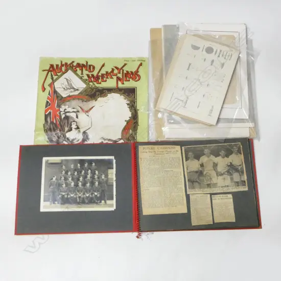 VINTAGE PHOTO ALBUM, TENNIS INTEREST + ASST. PRINTS; BOTANICAL, OPTICS,  AUCKLAND WEEKLY NEWS XMAS 1901
