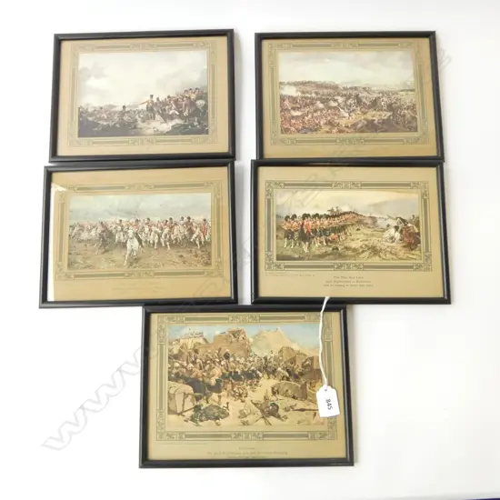 5 FRAMED MILITARY PRINTS; WATERLOO, CHARGE OF THE SCOTS GREY etc 260x190mm