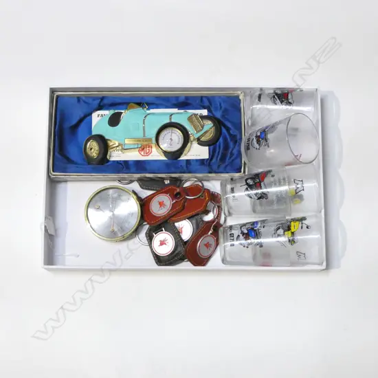 COLLECTABLES; TWO VINTAGE THERMOMETERS, VINTAGE FRENCH GLASSES w MOTORCYCLES & LEATHER MOBIL KEYRINGS