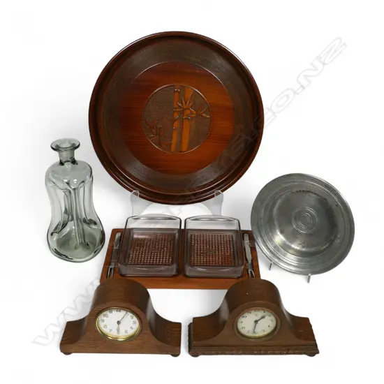 COLLECTABLES; 2 SMALL 1920s WOODEN CLOCKS; DANISH KLUK KLUK DECANTER & TEAK TRAY, PEWTER BOWL & JAPANESE TRAY
