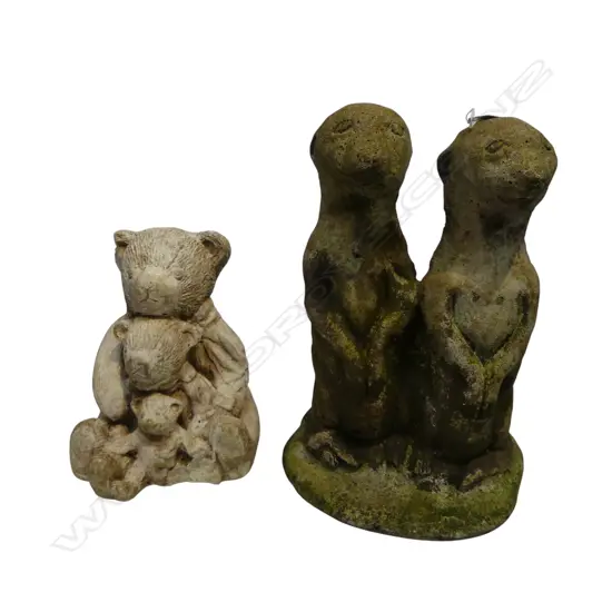 2 CONCRETE GARDEN ORNAMENTS; MEERKATS & TEDDY BEARS H.330mm