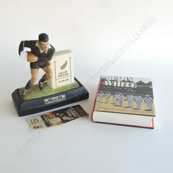 MEN IN WHITE: THE HISTORY OF NEW ZEALAND INTERNATIONAL CRICKET 1894-1985 + ALL BLACKS 'COLIN MEADS' BEAM DECANTER
