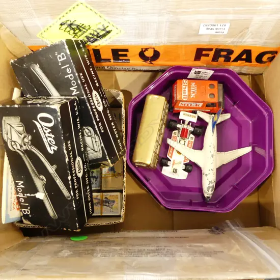 ASST. CIG. CARDS, 2 BOXED OSTER MODEL 'B' CLIPPERS & 4 VINTAGE TOYS