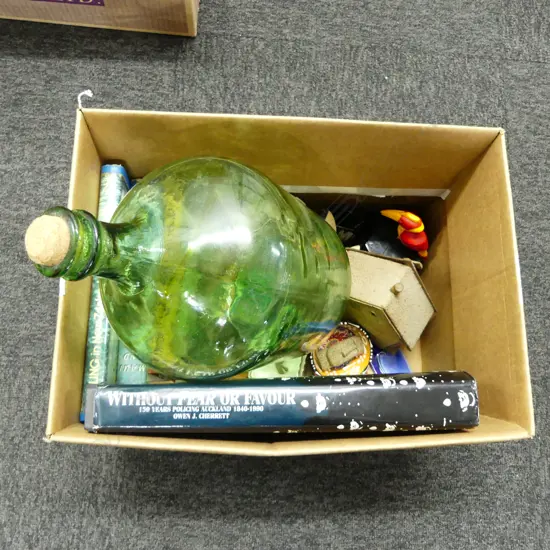 GREEN BOTTLE, BOOKS, TRINKETS ETC