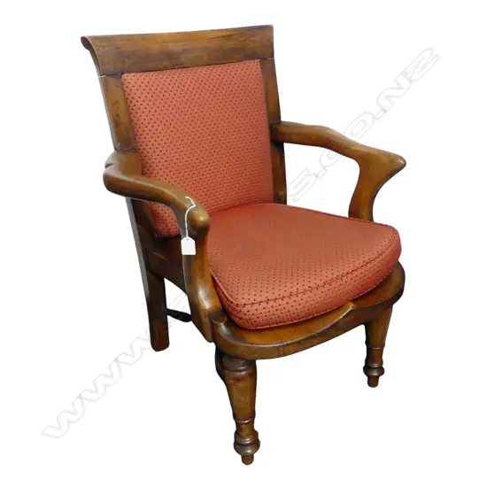 EARLY 19thC DUTCH MAHOGANY ARMCHAIR w. TURNED LEGS & CONNECTING STRETCHER
