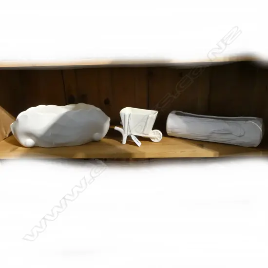 CROWN LYNN WHITE WHEELBARROW + 2 OTHER CROWN LYNN log trough with fault