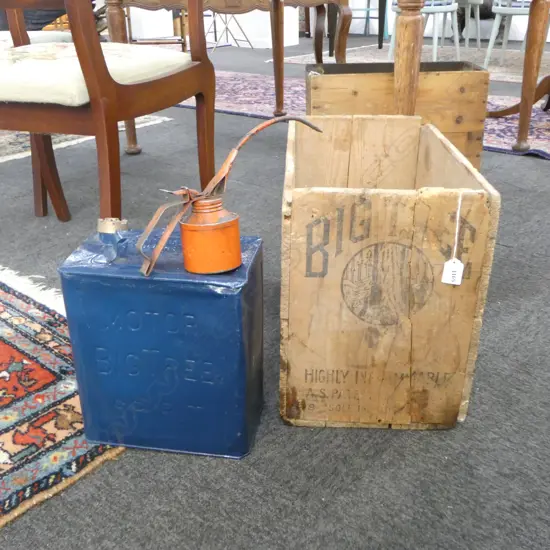 VINTAGE BIG TREE PETROL CRATE, BIG TREE JERRY CAN & RED OIL CAN