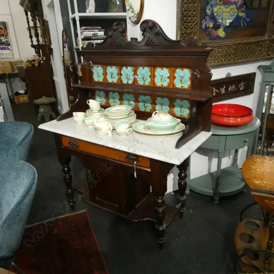COLONIAL KAURI MARBLE TOP WASHSTAND w. TILED BACK 1240x500x1400mm TILES NEED GLUEING