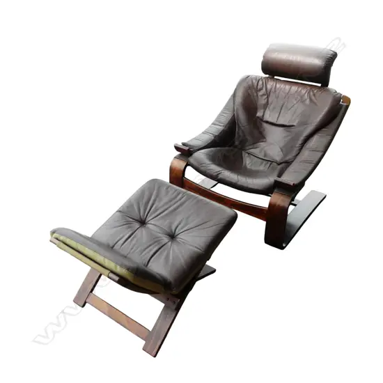 SCANDINAVIAN VINTAGE KROKEN ARMCHAIR & STOOL BY AKE FRIBYTER FOR NELO MOBEL SWEDEN C.1970 leather on bentwood frame