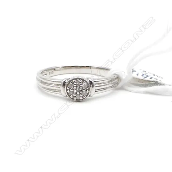 Rhodium plated SILVER & 7 small DIAMOND RING size P 1/2. As new old shop stock