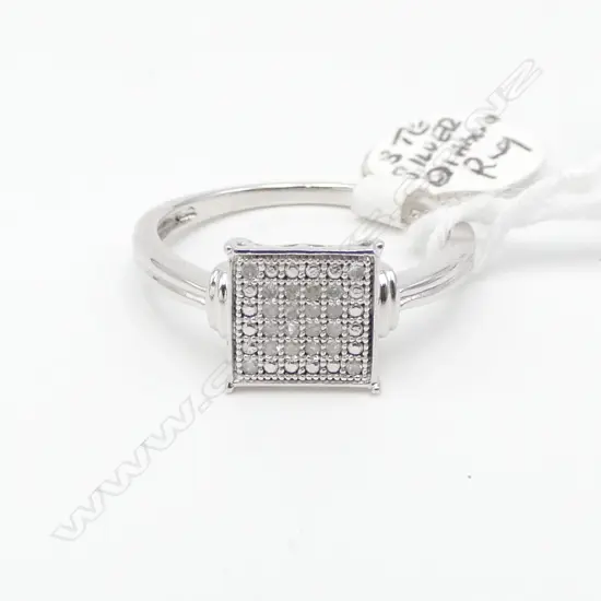 Rhodium plated SILVER & 20 small DIAMOND RING size P 1/2. As new old shop stock