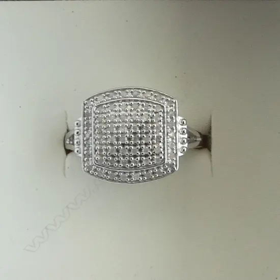Rhodium plated SILVER & 62 small DIAMOND RING with wrong valuation but similar SIZE P