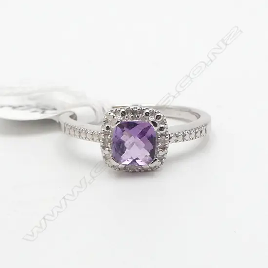 SILVER AMETHYST & SMALL DIAMOND RING size N. As new old shop stock SIZE N