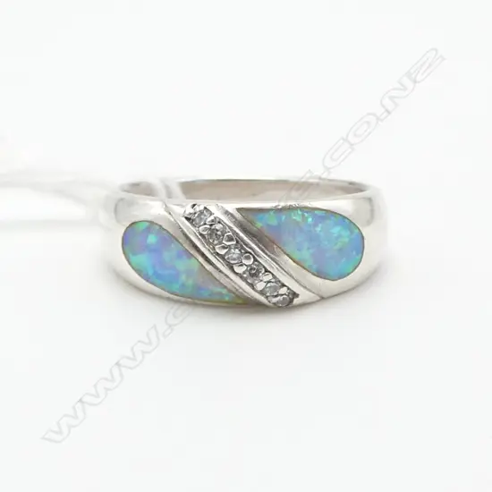 SILVER OPAL & WHITE CZ STONES SET INTO RING SIZE P