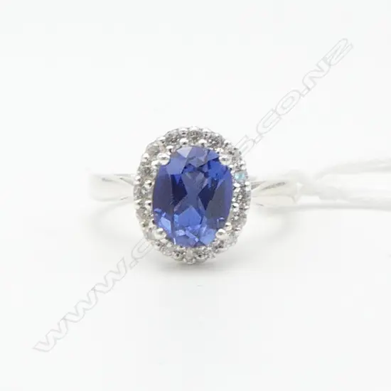 SILVER & SYN BLUE SAPPHIRE RING blue & CZ CLUSTER SIZE O