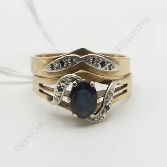 2x  9ct GOLD SAPPHIRE/TINY DIAMOND MATCHING SET RINGS 6.15gms SIZE R