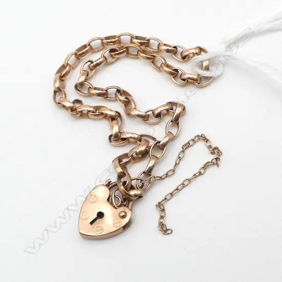 9ct ROSE GOLD BELCHER LINK BRACELET heart padlock clasp 4.16gms
