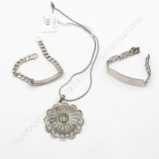 2 SILVER BRACELETS + PENDANT NECKLACE, 88gms