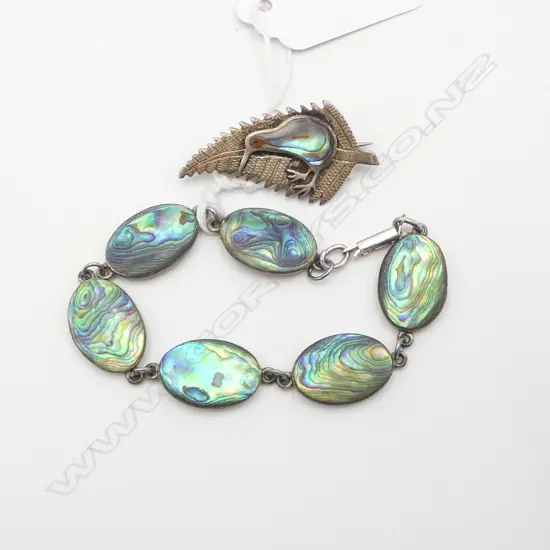 SILVER & PAUA BRACELET & KIWI & FERN BROOCH