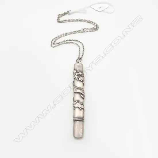 ORIENTAL DRAGON ENTWINED VINTAGE SILVER PENCIL HOLDER PENDANT ON SILVER CHAIN