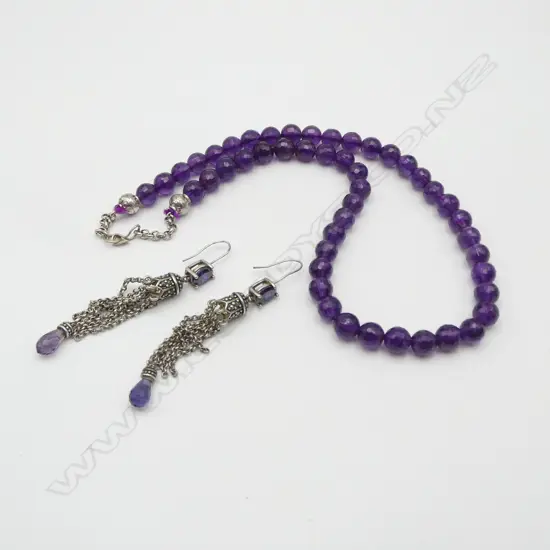 SILVER AMETHYST NECKLACE PLUS  PURPLE GLASS IN EARRINGS