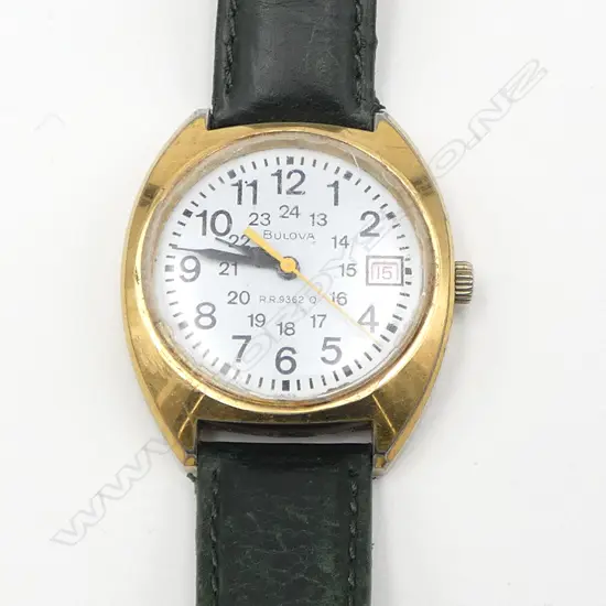 VINTAGE BULOVA R.R.9362 Q GENT'S GOLD PLATE & stainless WRISTWATCH w leather strap. c.1980. Working