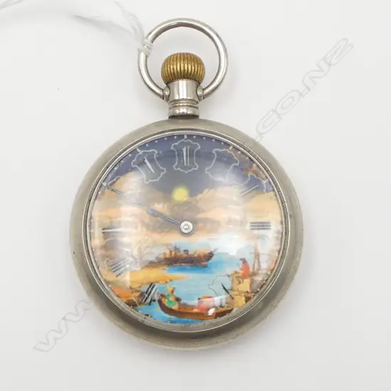 EARLY 20thC WHITE METAL POCKET WATCH open face with harbour scene working