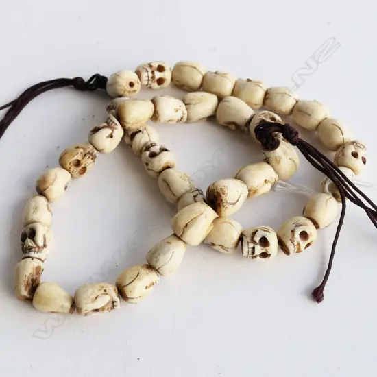 2 TIBETAN CARVED BONE SKULL BEAD BRACELETS 