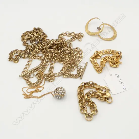 ASST. GOLD PLATED JEWELLERY; 3 NECKLACES, 2 BRACELETS (1 OROTON) & PR EARRINGS