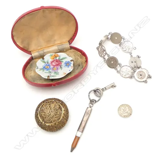 STG SILVER PEN HOLDER, ASIAN PIERCED COIN BRACELET, FILIGREE CONTAINER + 2 OTHER