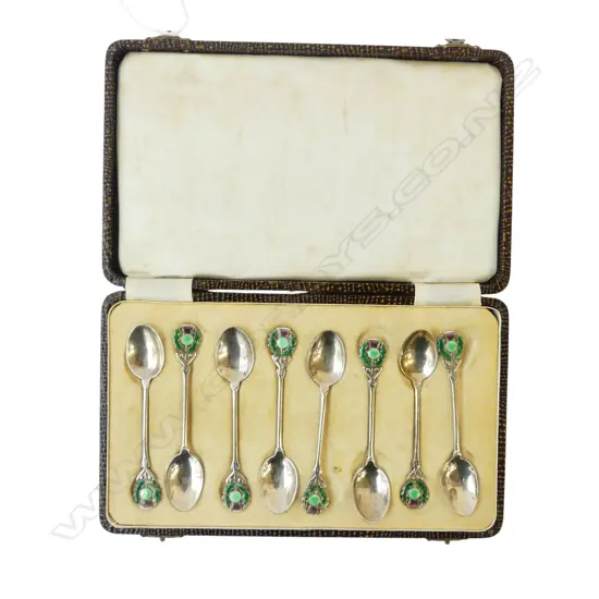 8 STG SILVER TEASPOONS w. ENAMEL THISTLES, B'HAM 1948 CASED 85gms