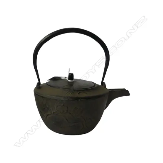 JAPANESE OLD IRON TEAPOT overhead handle + calligraphy in relief