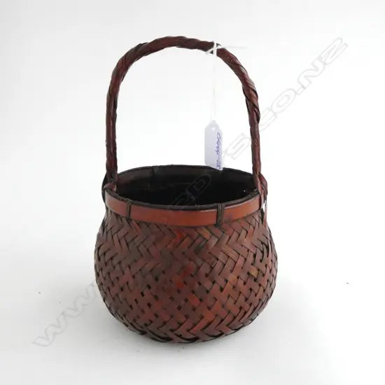 JAPANESE DARK STAINED small ART BASKET with over-head handle. For charcoal H.225mm