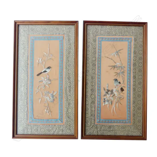 2 19thC CHINESE EMBROIDED SILK WORK 425x220mm