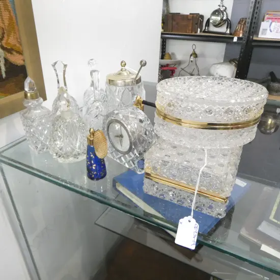 ASST. CRYSTAL/GLASSWARE; 3 BELLS, WESTMORE CLOCK, 2 JEWELLERY BOXES etC