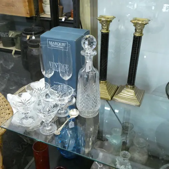 6 MARQUIS BY WATERFORD CHAMPAGNE FLUTES H.230mm, DECANTER (RIM AF), 4 GLASSES + PR ZARA HOME CANDLESTICKS