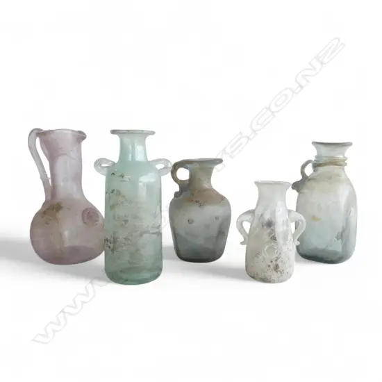 5 ROMAN STYLE GLASS BOTTLES/JUGS H.190mm