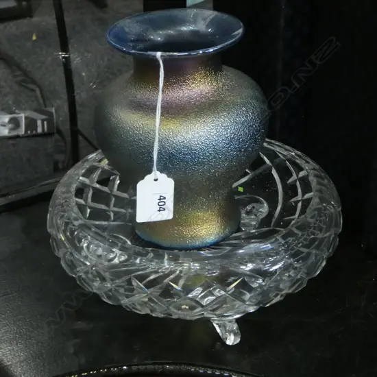 IRIDESCENT LUSTRE GLASS VASE + CRYSTAL BOWL small chips inside rim Dia.200mm