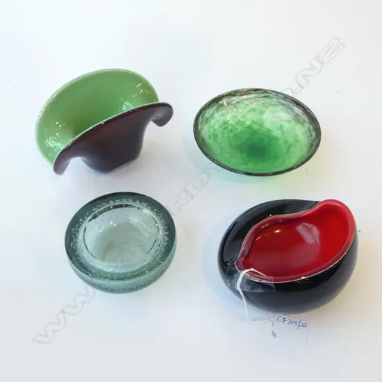4 ART GLASS BOWLS; 2 MURANO, CONTROLLED BUBBLES (CHIP TO BASE), MONART? 145mm dia