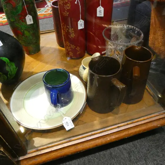 6 PCES; 4 JUGS, WARMER PLATE, CRYSTAL VASE H.175mm CHIP