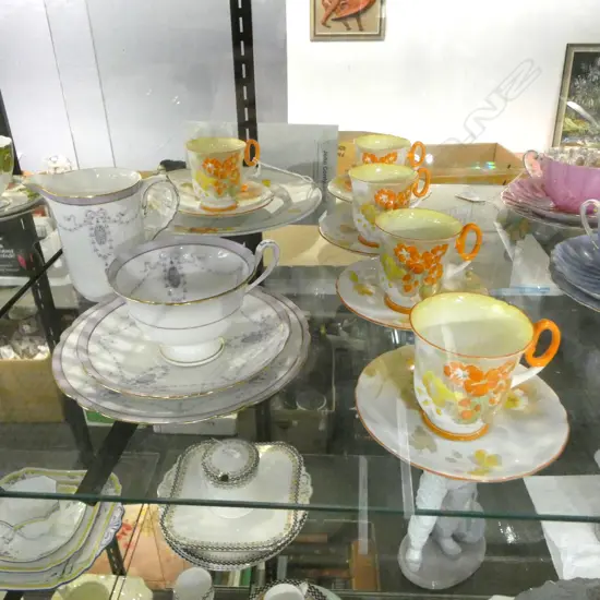 5 SHELLEY CHINA COFFEE CANS MATCHING CAKE PLATE CSP & JUG OTHER PAT