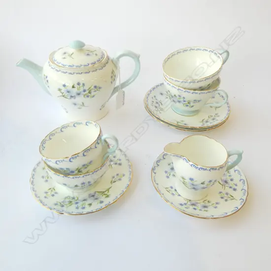 SHELLEY CHINA TEAPOT C/SUGAR 2C/S & SMALL CSP BLUE ROCK PAT