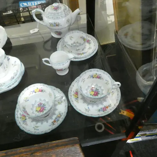 SHELLEY CHINA 3PC TEASET CSP C/S & SMALL DISH  PINK CROCHET PAT